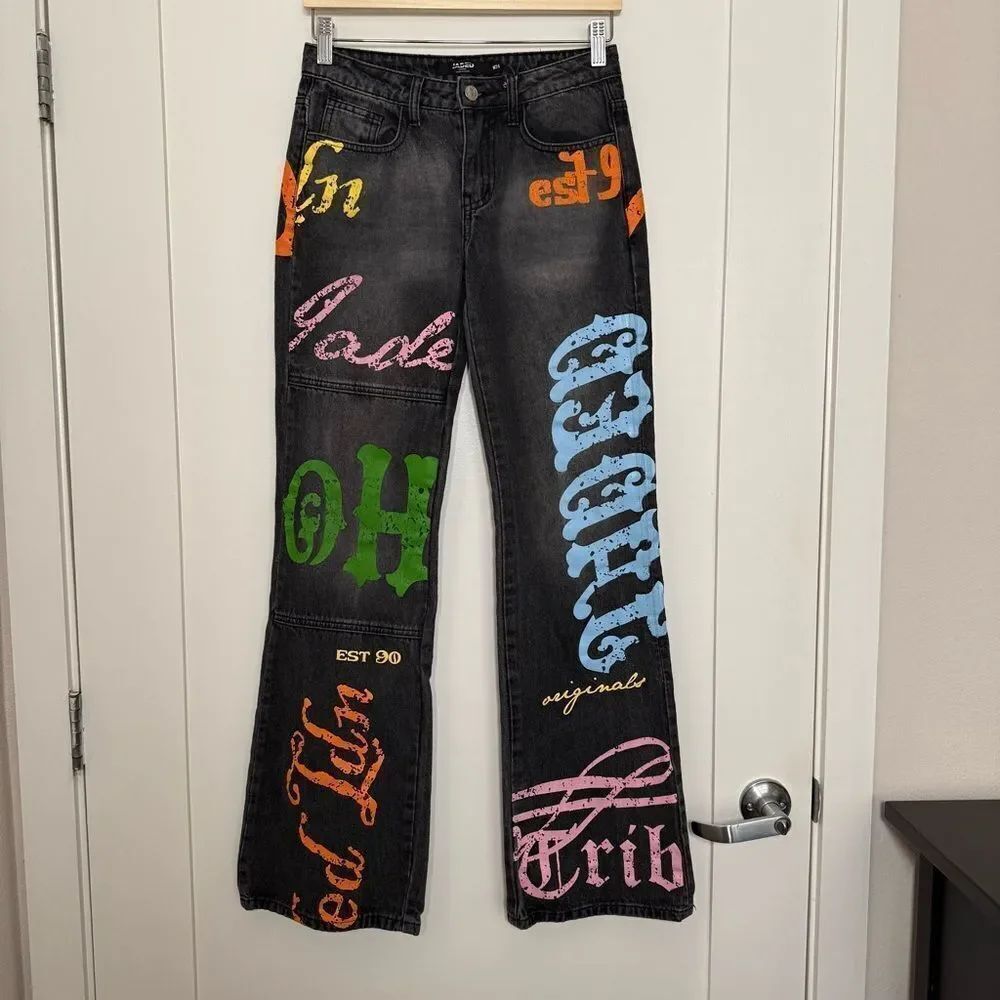 Jaded London Printed Flared Bootcut Low Rise Jeans Sz 24 Charcoal Streetwear